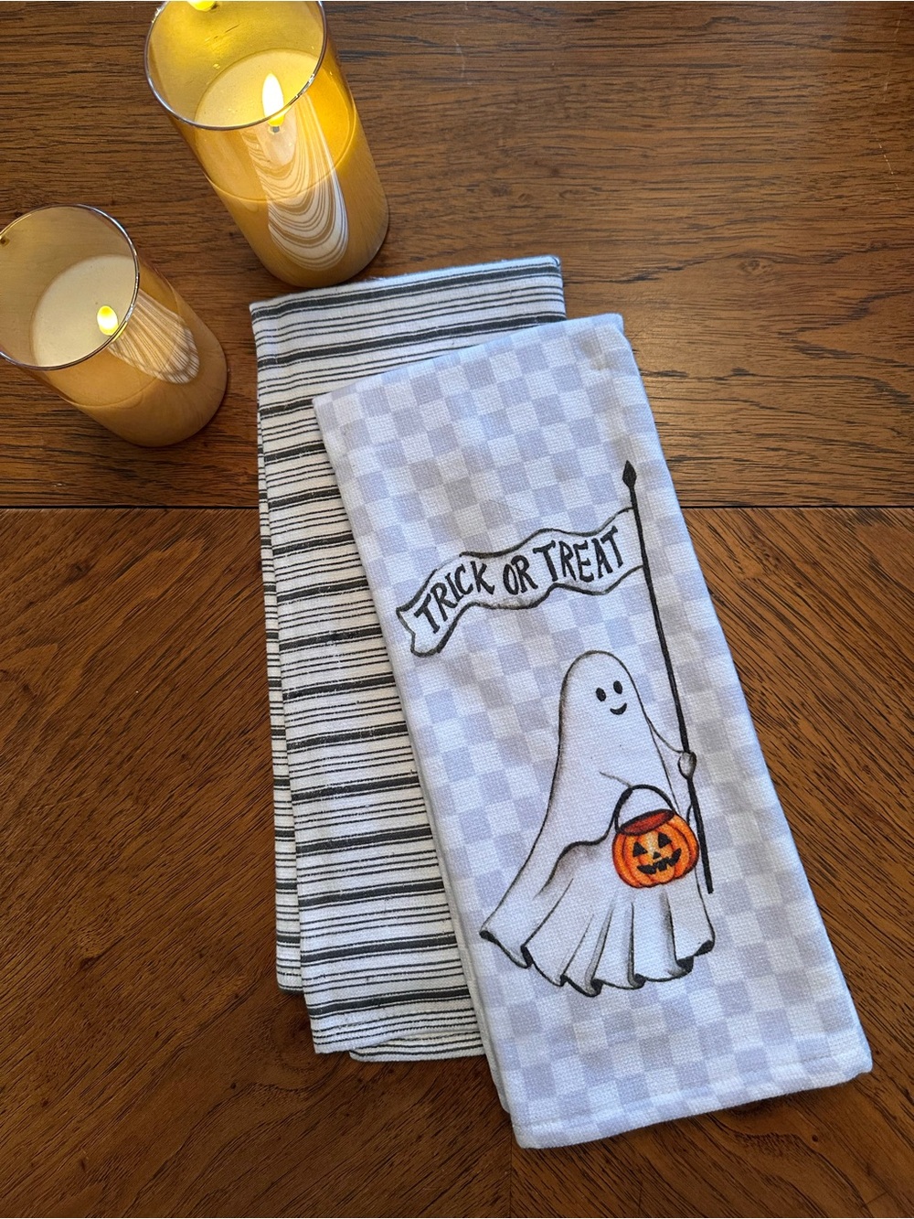Halloween Kitchen Towels Set of 2 Trick or Treat Ghost Pumpkin Black Stripe